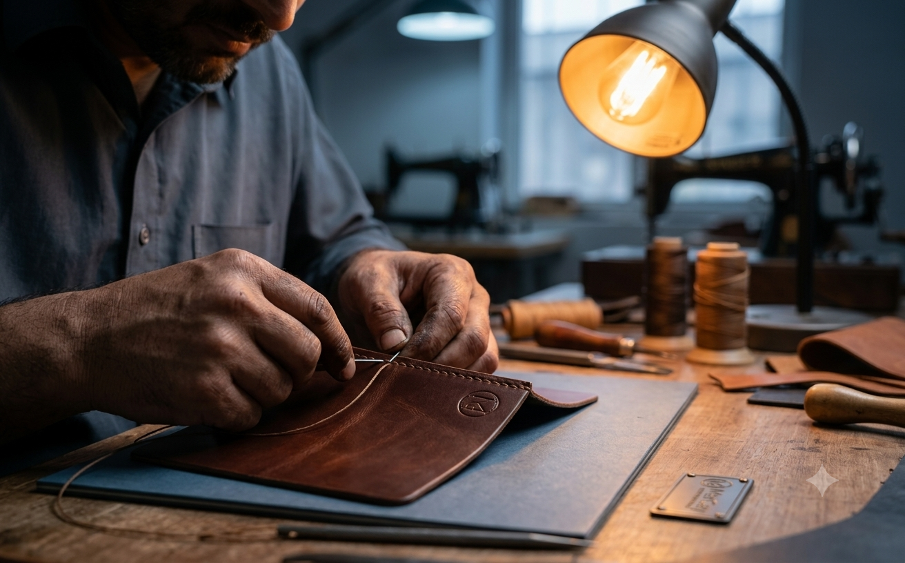 Hands saddle-stitching a leather panel