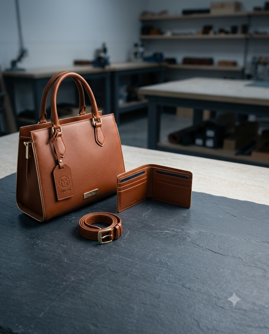 Handbags, wallets, and straps on a workshop table