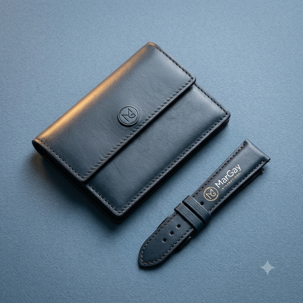 Wallet and watch strap flat lay